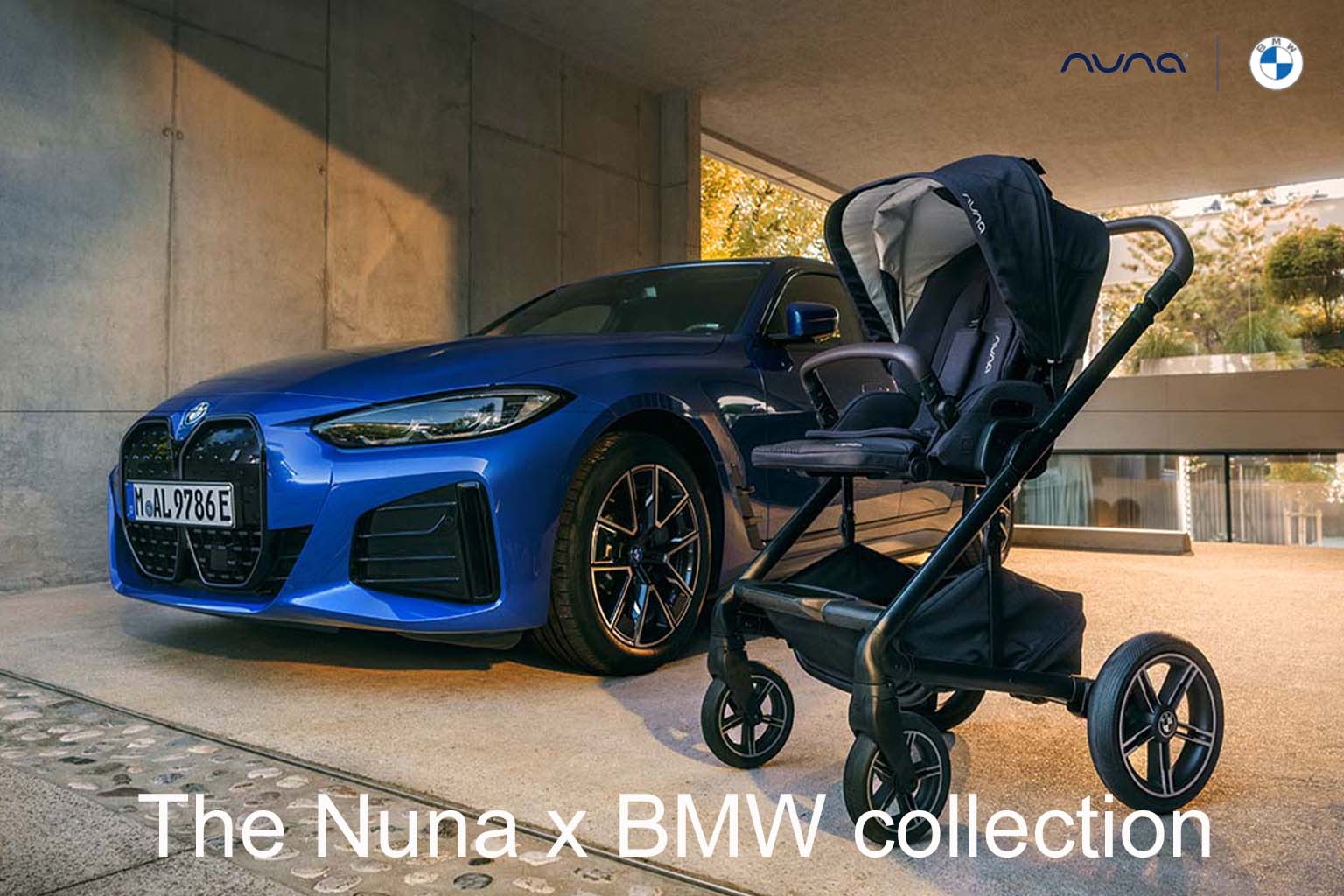 Blue BMW car and black stroller with Nuna x BMW branding in an urban setting.