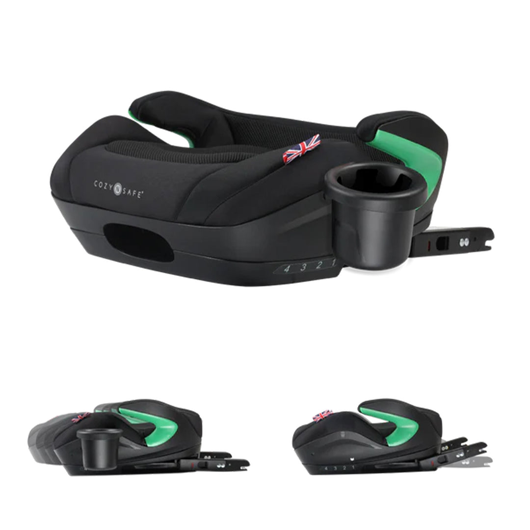 Black and green car seat with multiple views on a white background