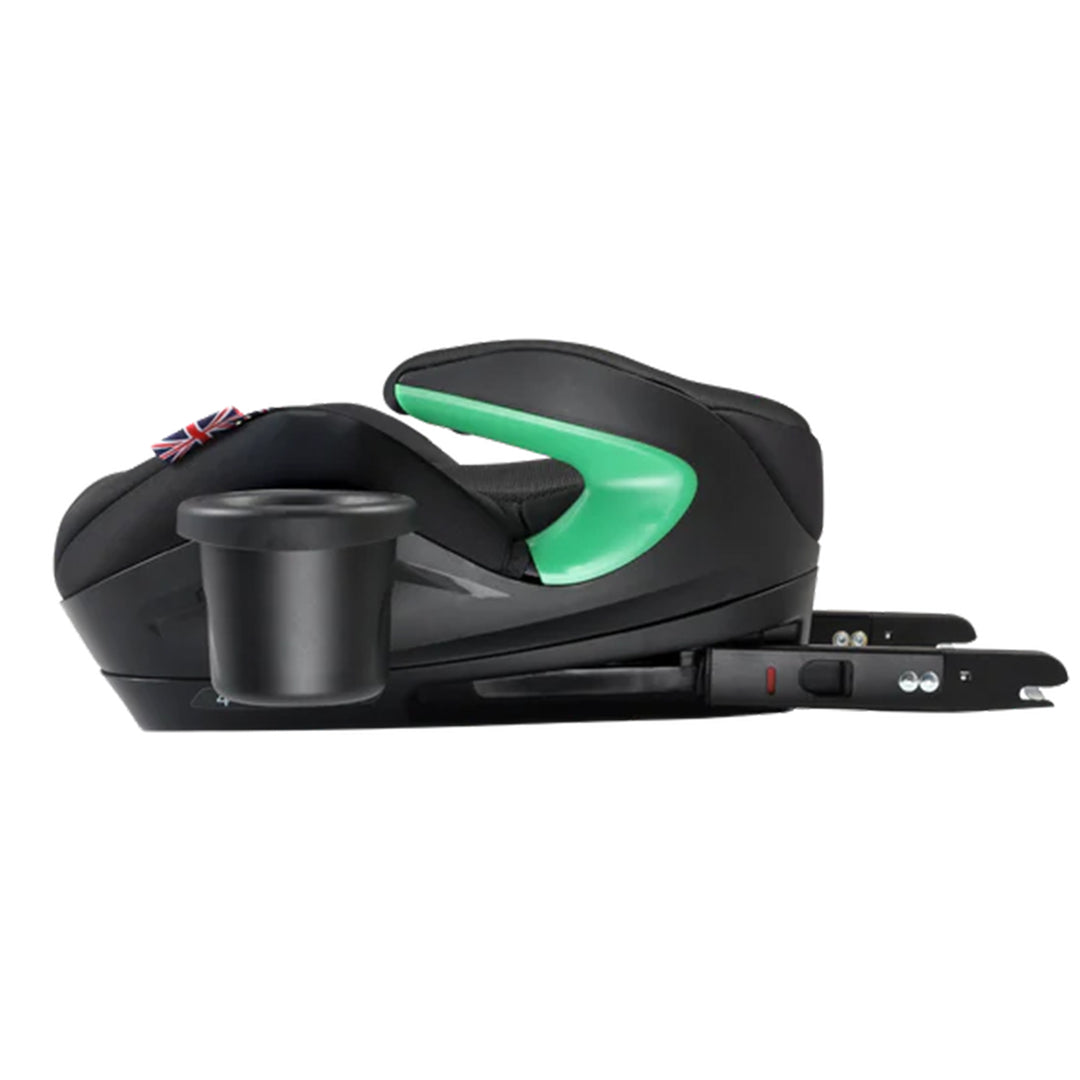 Black and green car seat on a white background