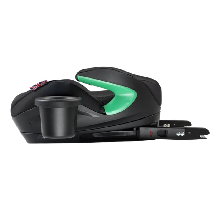 Black and green car seat on a white background