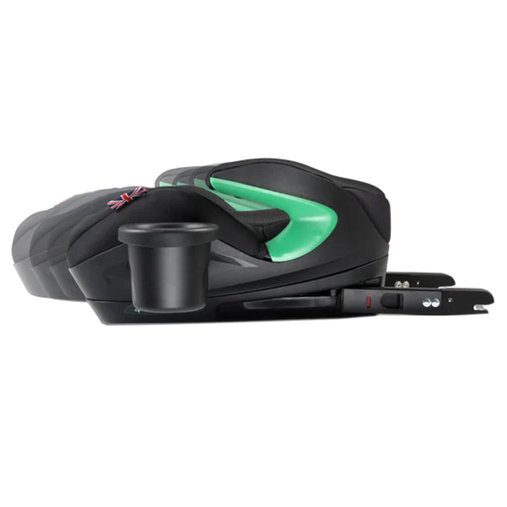 Black and green motorcycle helmet on a white background