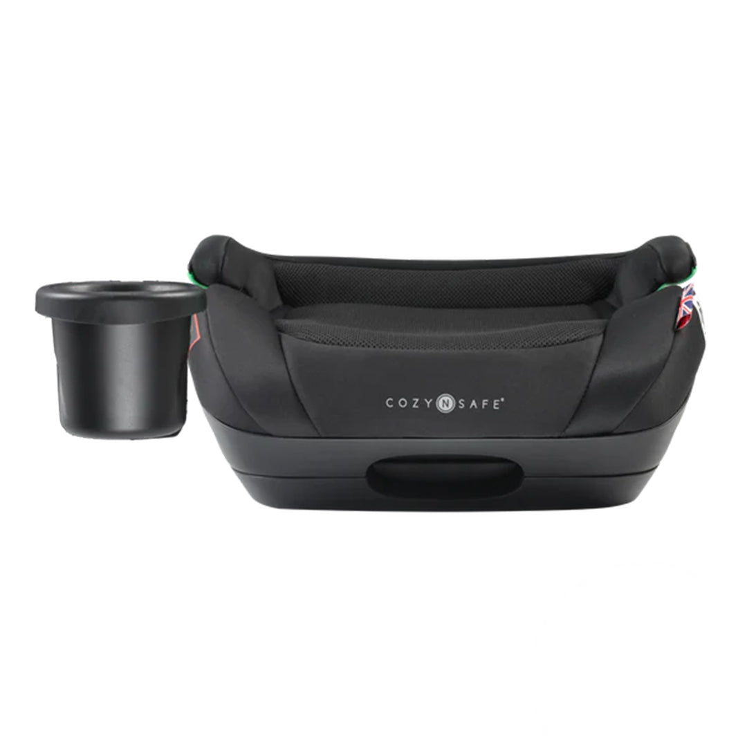 Black Cozy n Safe car seat and cup holder on a white background
