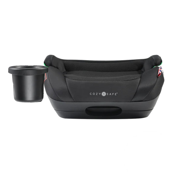 Black Cozy n Safe car seat and cup holder on a white background