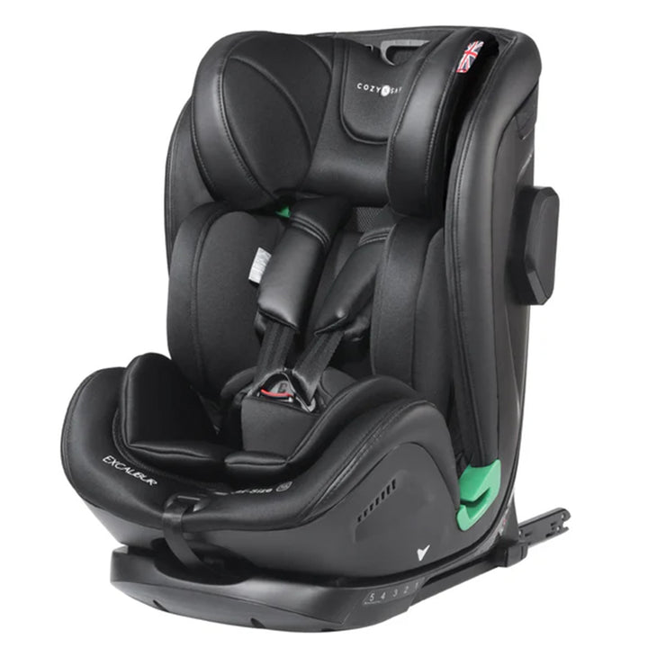 Black car seat with green accents on a white background