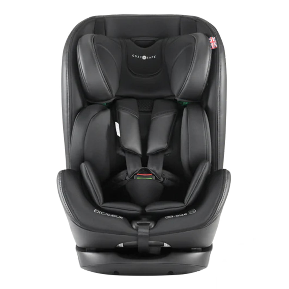 Black child car seat with Exala branding on a white background