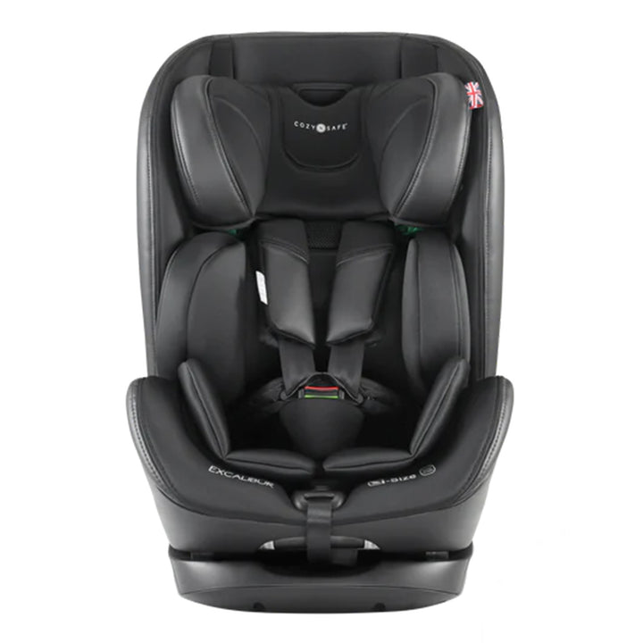 Black child car seat with Exala branding on a white background