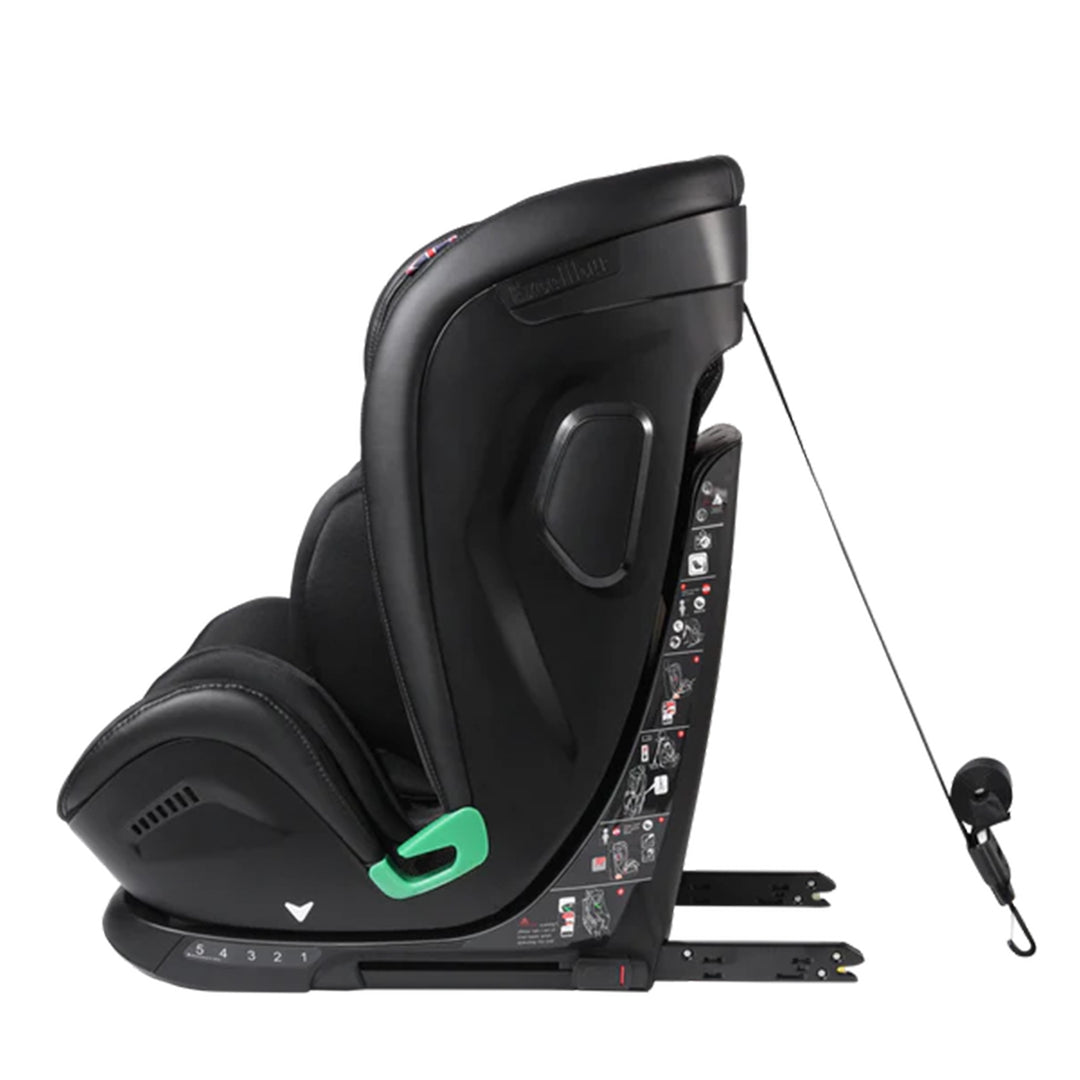 Black car seat with various controls and a green accent on a white background