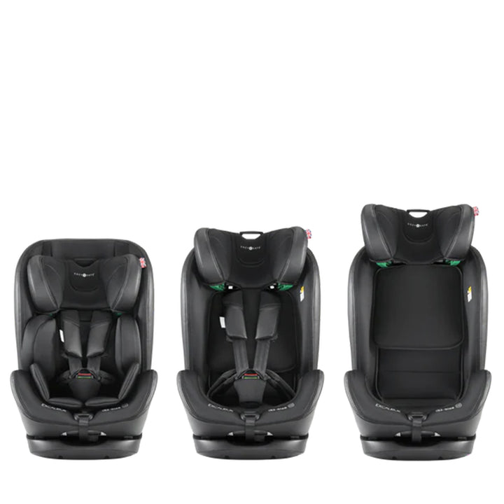 Three stages of a black car seat on a white background