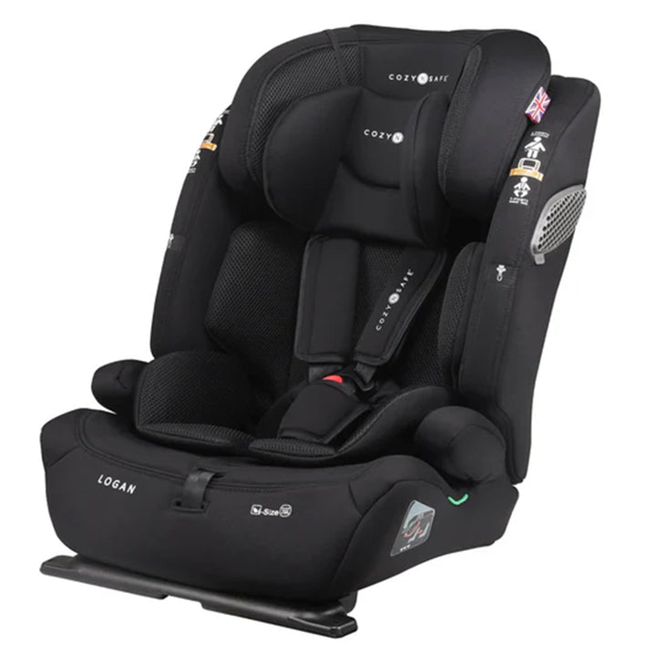 Black car seat with visible branding on a white background