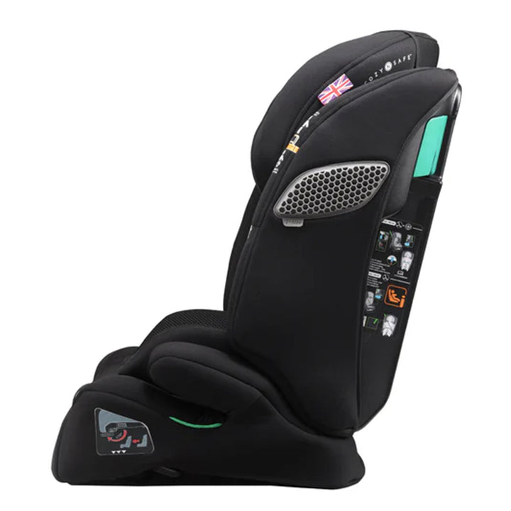 Black car seat with teal accents on a white background