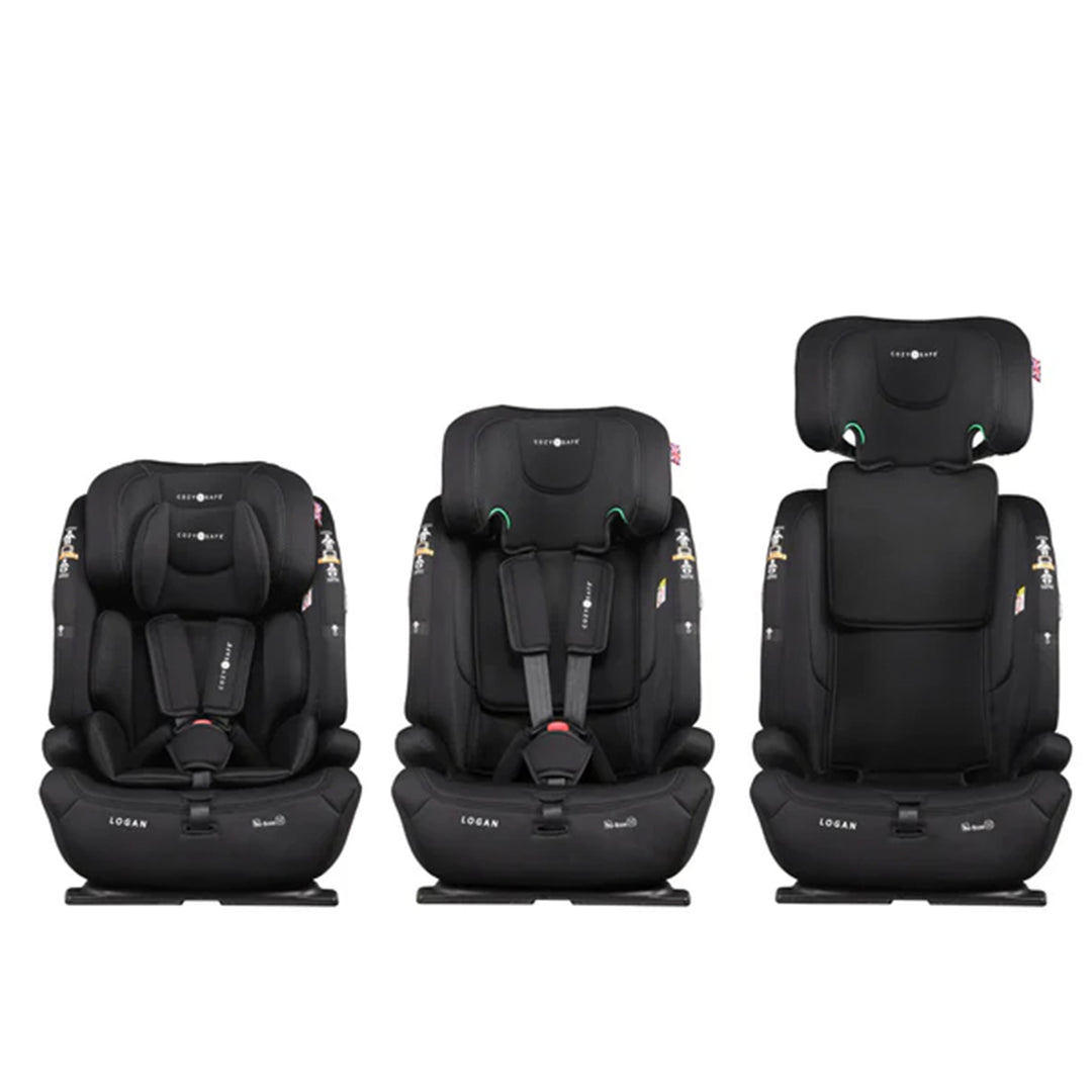Three stages of a black car seat on a white background