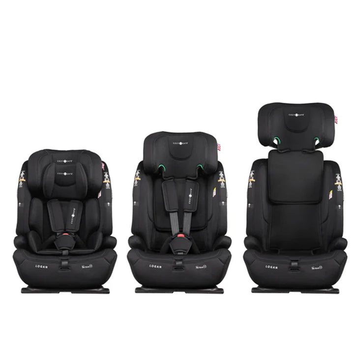Three stages of a black car seat on a white background