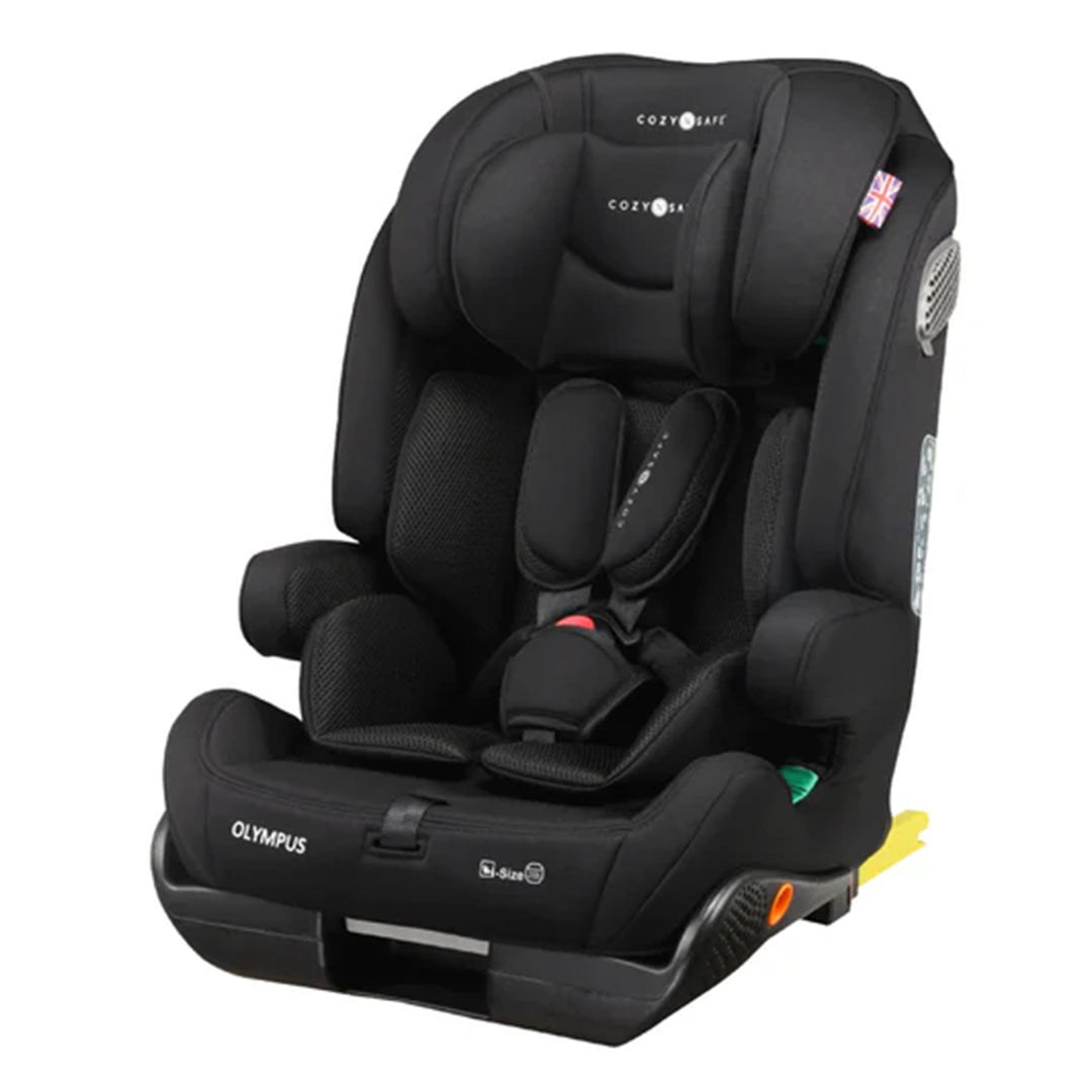 Black Olympus car seat on a white background
