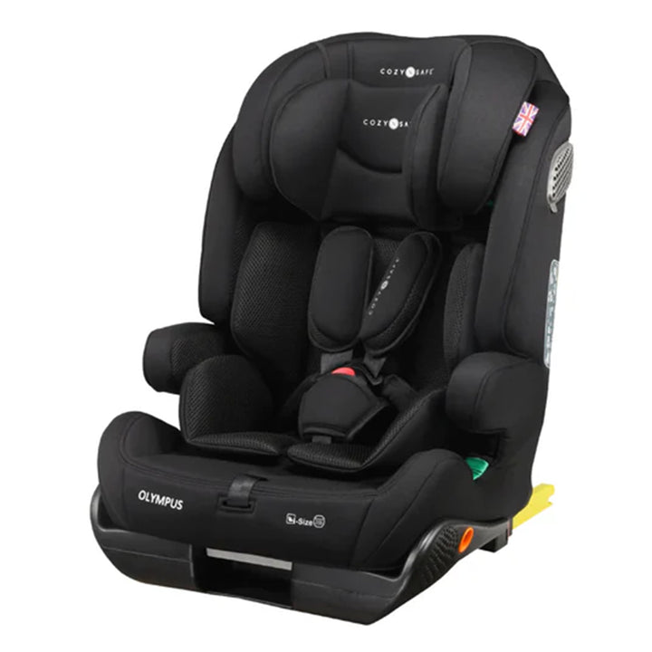 Black Olympus car seat on a white background