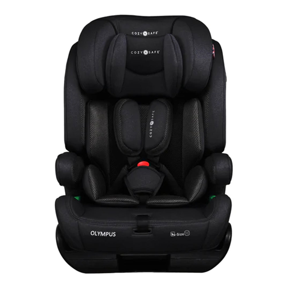 Black Olympus car seat on a white background