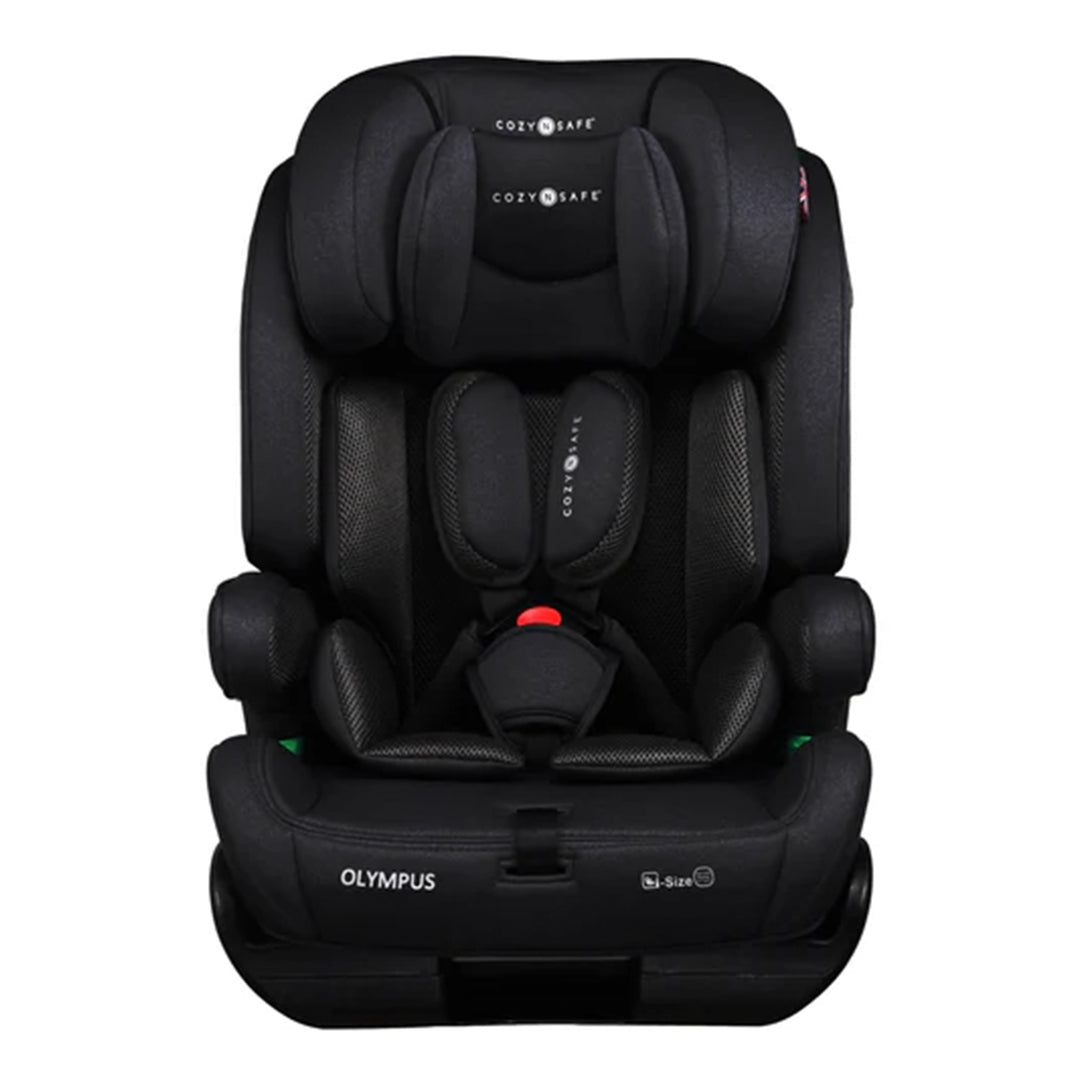 Black Olympus car seat on a white background