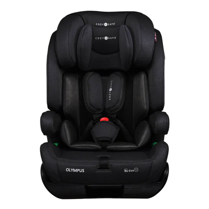 Black Olympus car seat on a white background