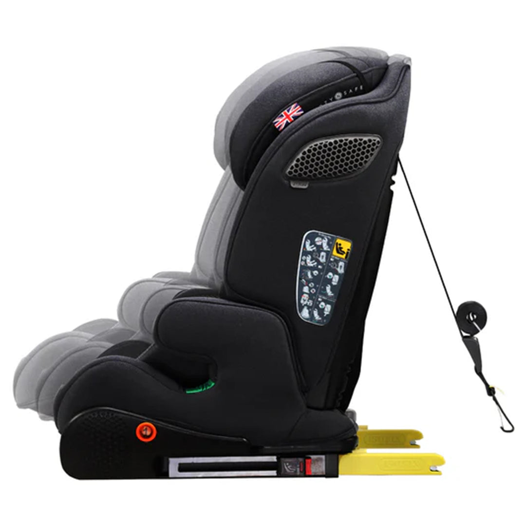 Black and gray car seat with safety harness on a white background