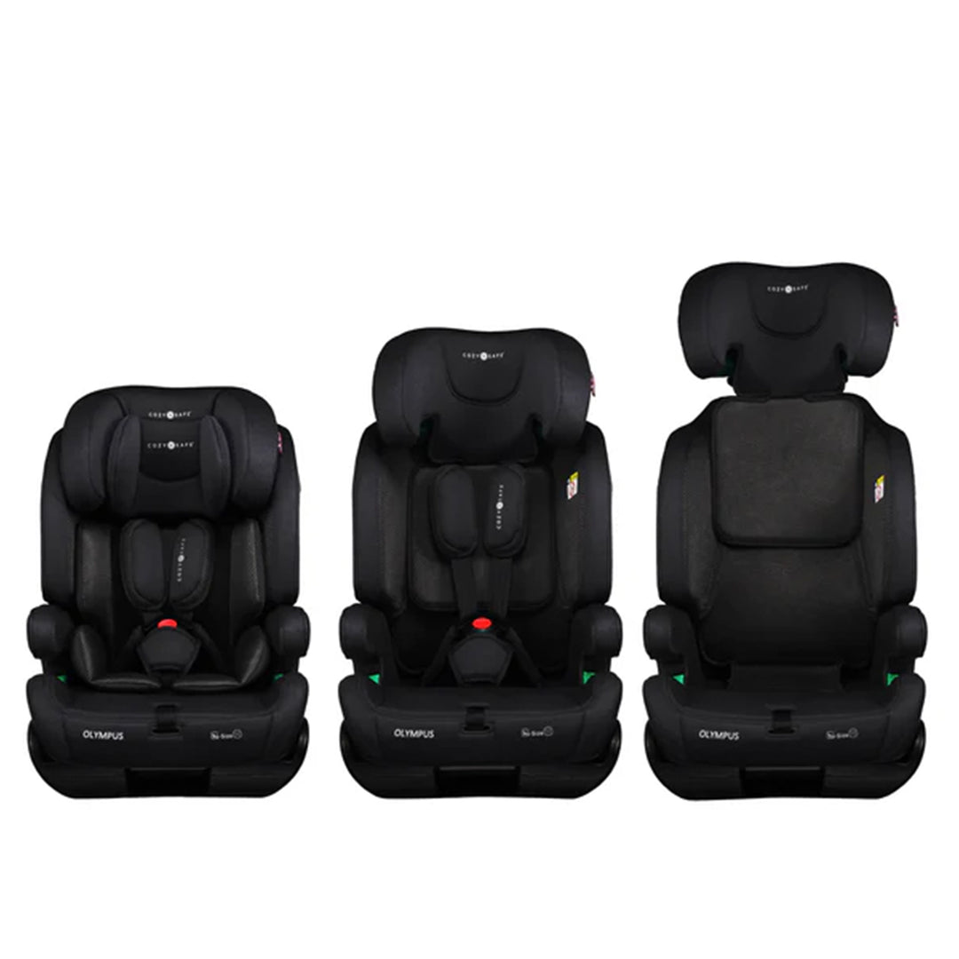 Three stages of a black Olympus car seat on a white background