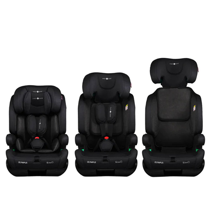 Three stages of a black Olympus car seat on a white background