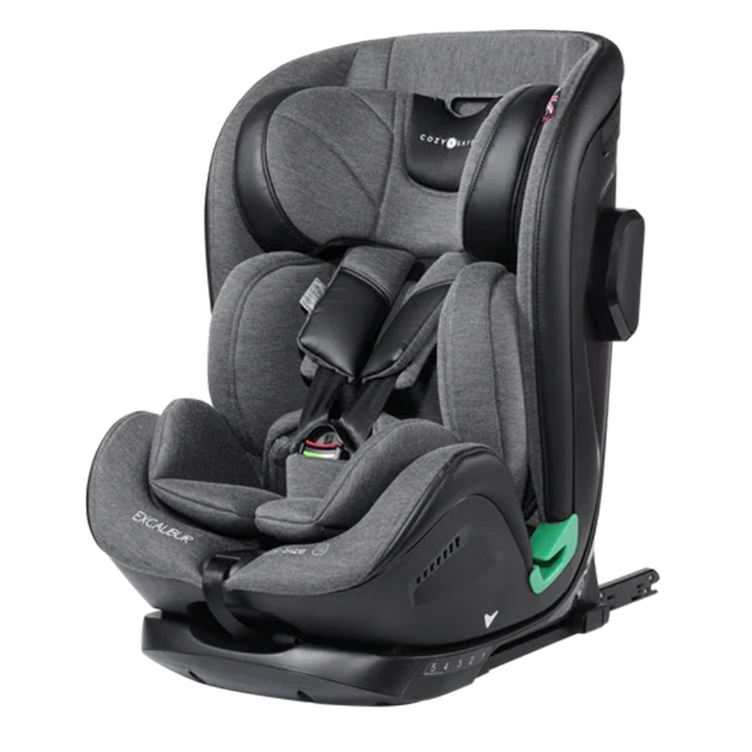 Gray and black car seat with visible branding on a white background