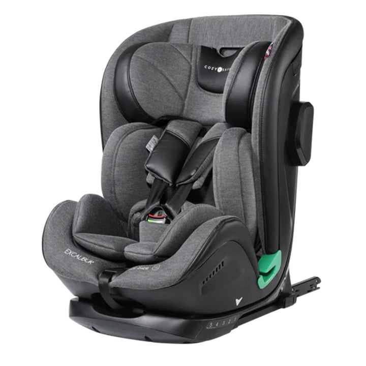 Gray and black car seat with visible branding on a white background