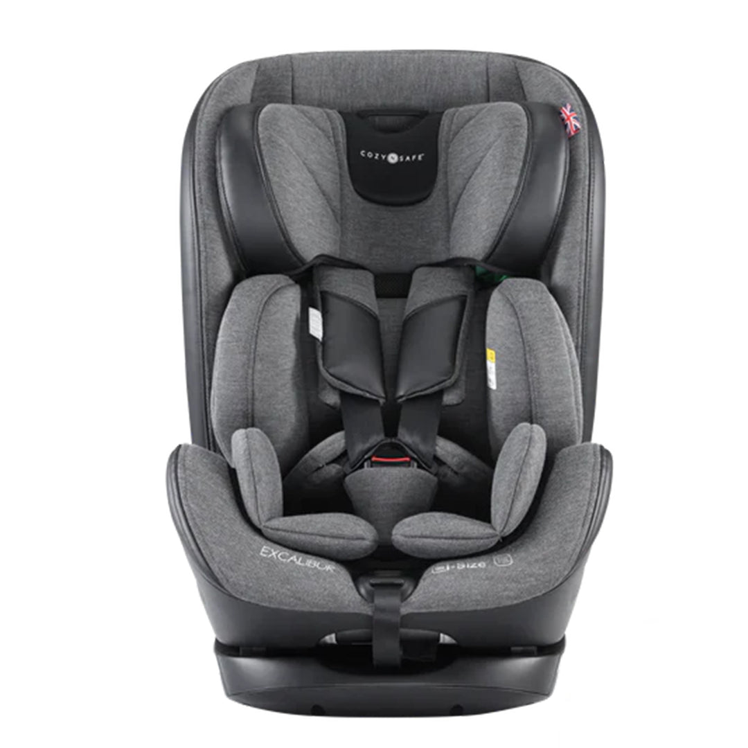 Gray child car seat with 'Cozy Safe' branding on a white background