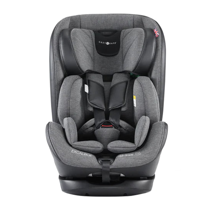 Gray child car seat with 'Cozy Safe' branding on a white background