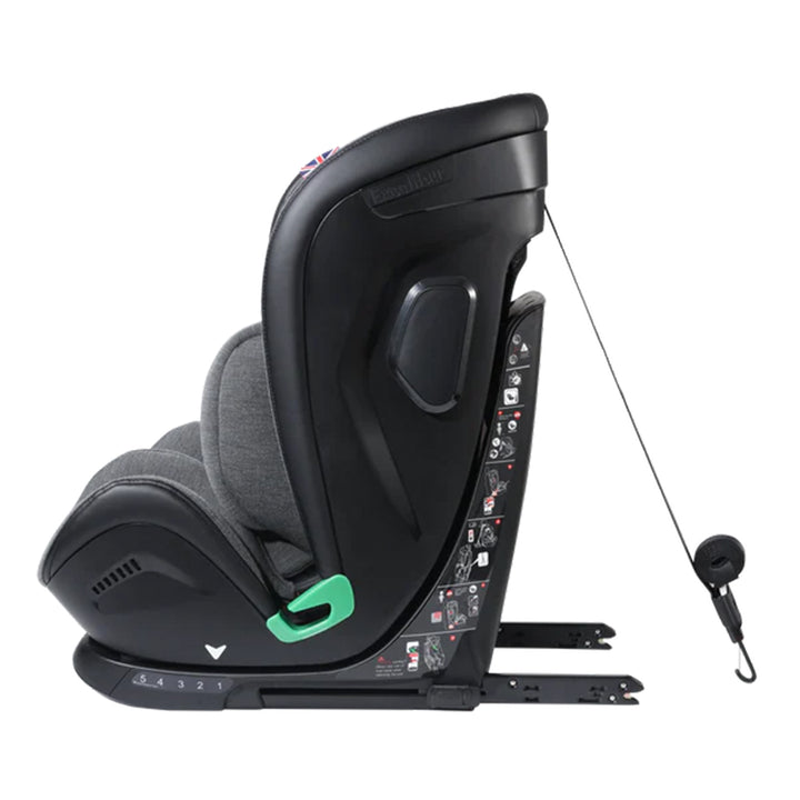 Black and gray car seat with green accents on a white background