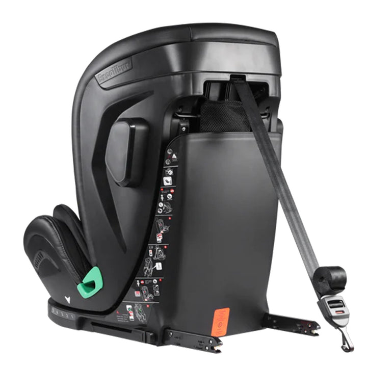 Black car seat with various attachments on a white background