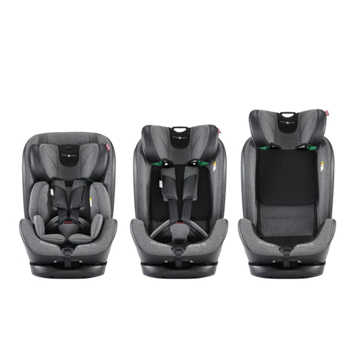 Three stages of a gray car seat on a white background