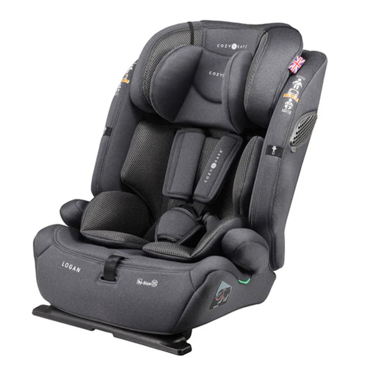 Gray car seat with visible branding on a white background