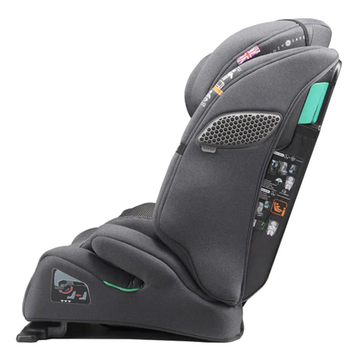 Gray and black car seat with green accents on a white background
