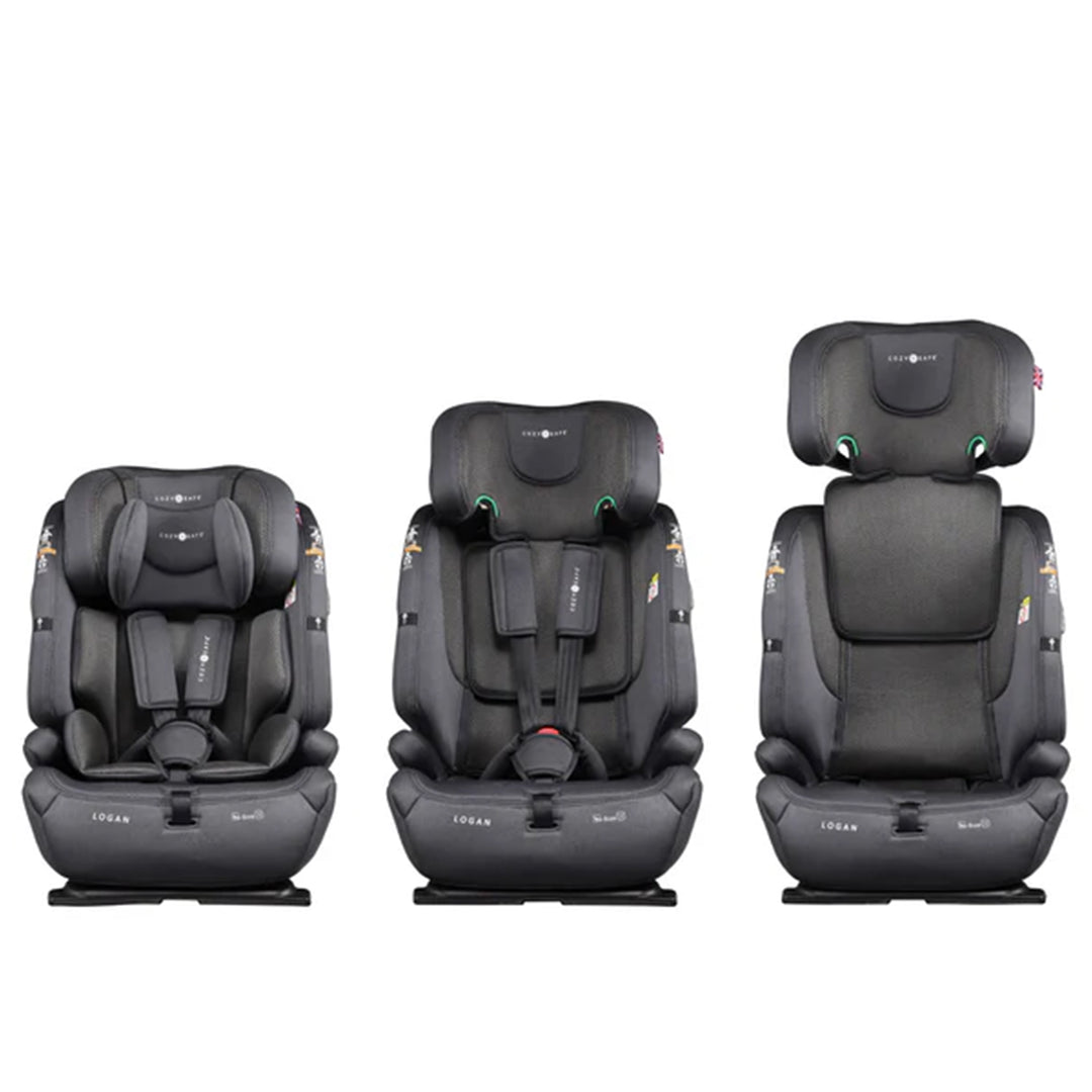 Three stages of a child car seat on a white background