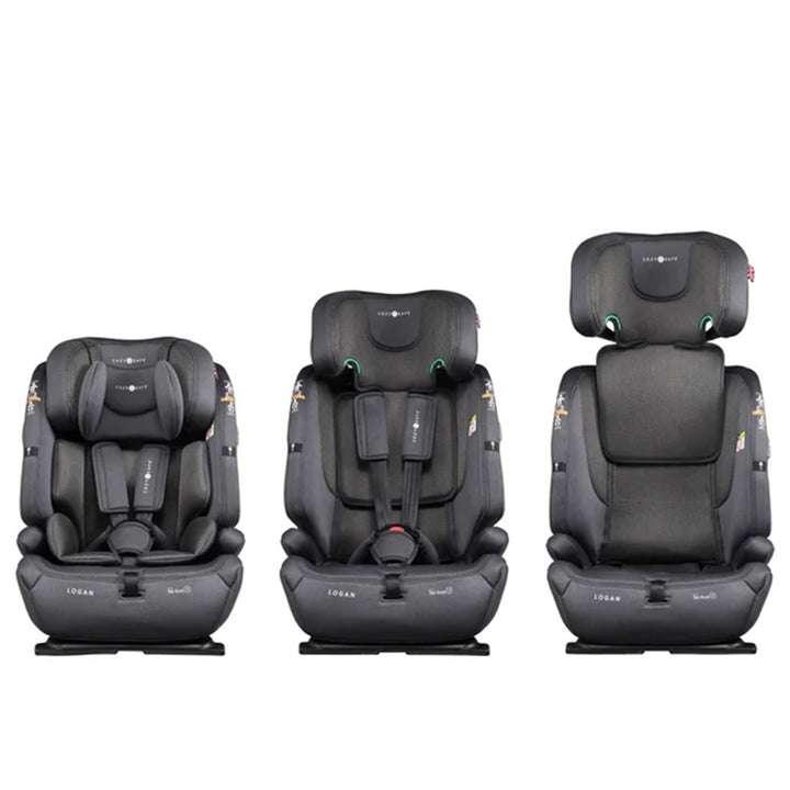 Three stages of a child car seat on a white background