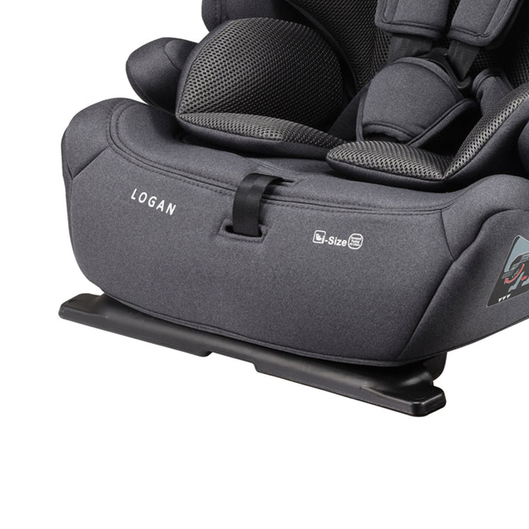 Gray car seat with 'LOGAN' branding on a white background