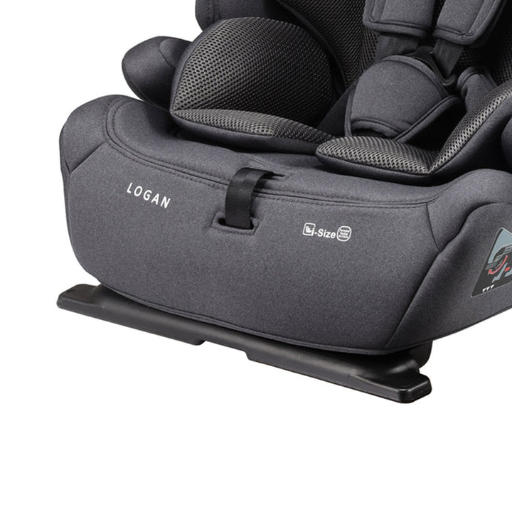 Gray car seat with 'LOGAN' branding on a white background
