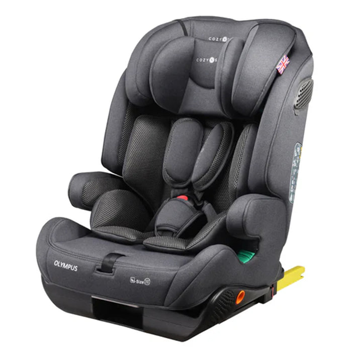 Gray child car seat with Olympus branding on a white background
