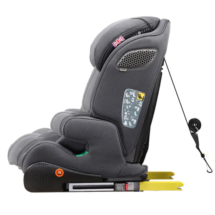 Gray child car seat with harness on a white background