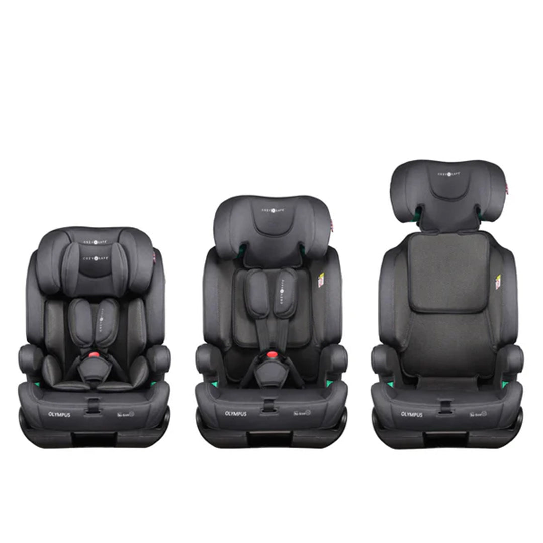 Three black car seats from a brand on a white background