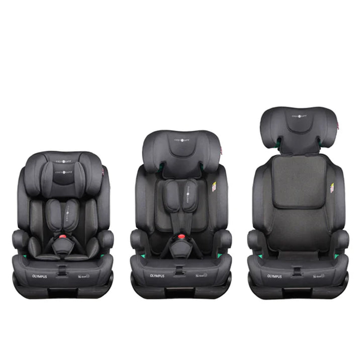 Three black car seats from a brand on a white background