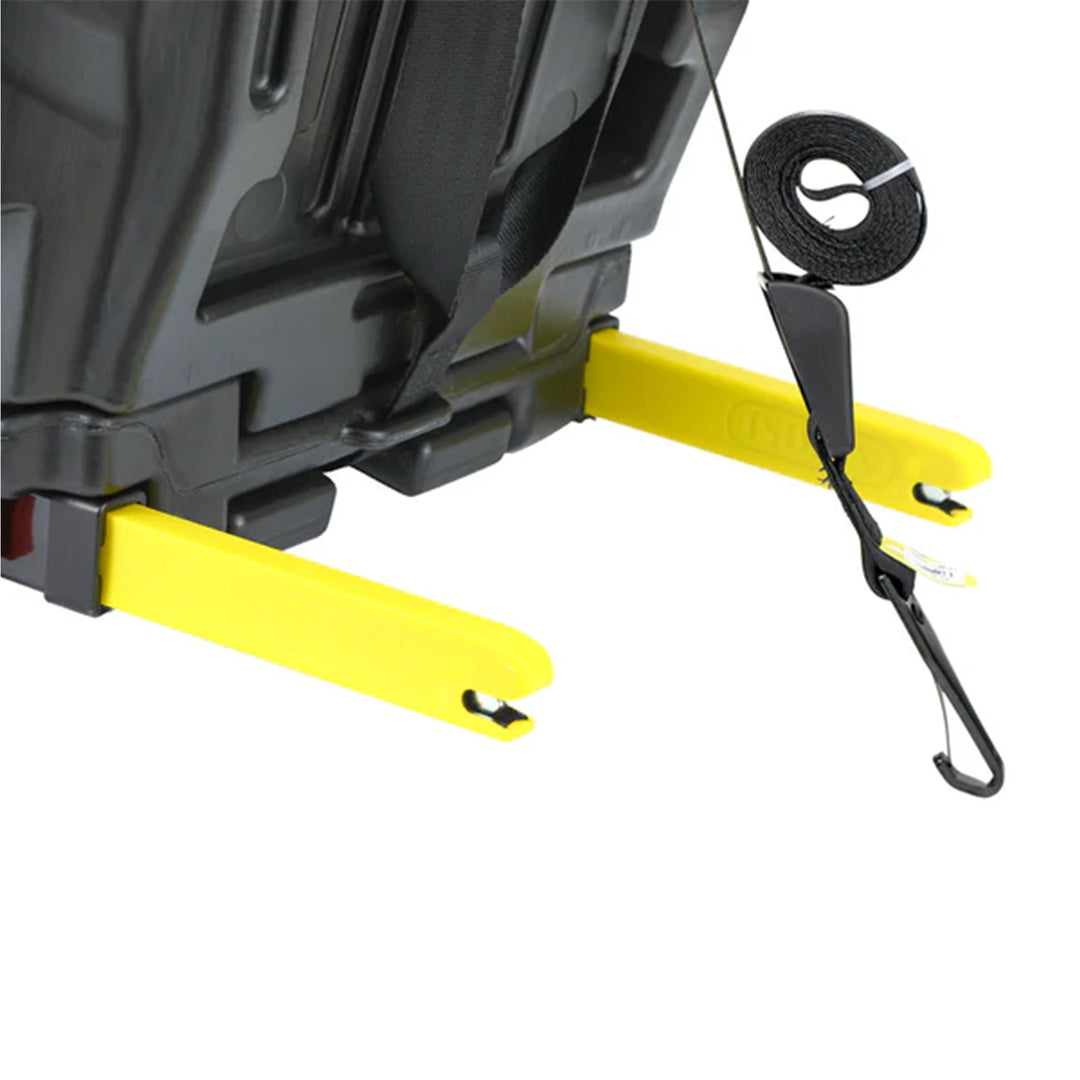 Close-up of a black and yellow snowmobile bumper with a strap on a white background