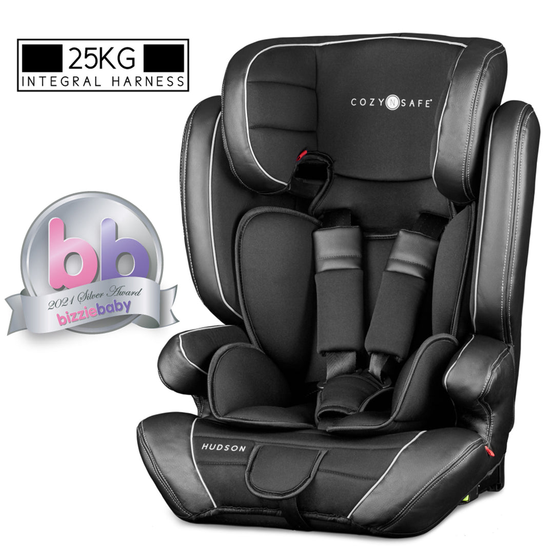 Black CozySafe car seat with integral harness and bizziebaby award on a white background
