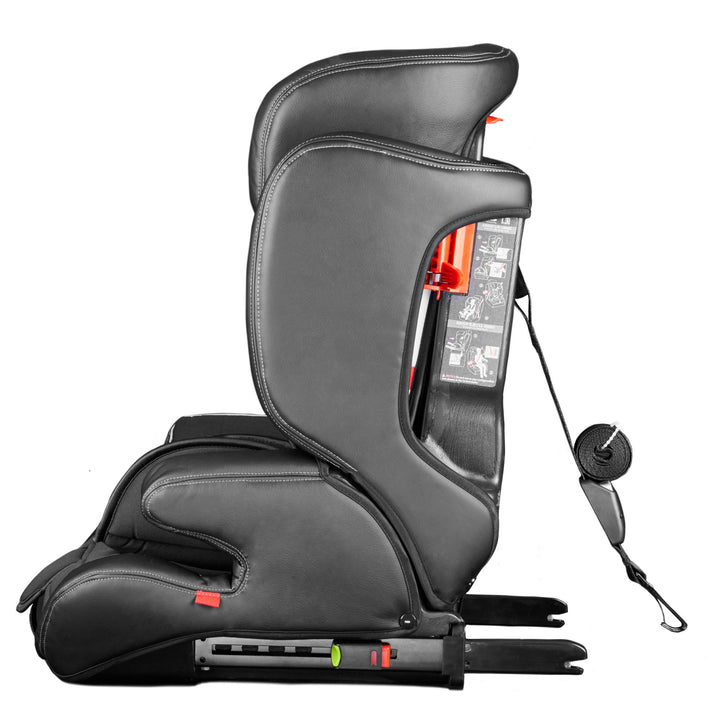 Black child car seat with harness on a white background