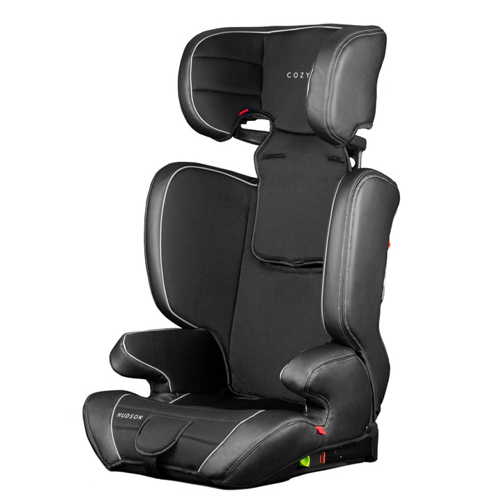 Black car seat with 'Cozy' branding on a white background