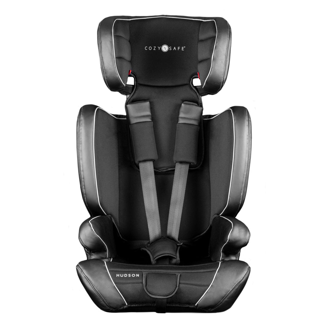Black and gray car seat with 'Cozy Safe' branding on a white background
