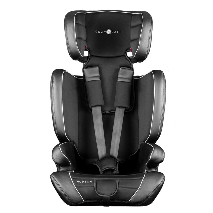 Black and gray car seat with 'Cozy Safe' branding on a white background