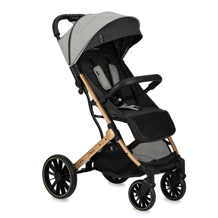 A compact and lightweight Momi Estelle Dakar Stroller with black and gray color scheme, featuring a wooden frame and four wheel foam wheels.