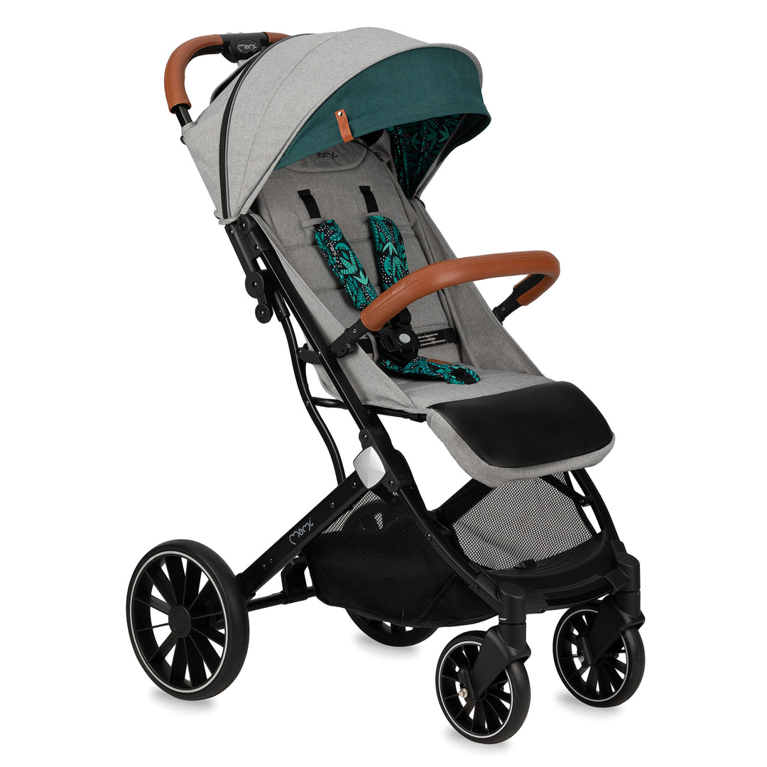 A compact and lightweight Momi Estelle Dakar Stroller with black and gray color scheme, featuring a wooden frame and four wheel foam wheels.