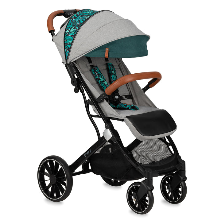 Estelle grey & green patterned stroller on a white background